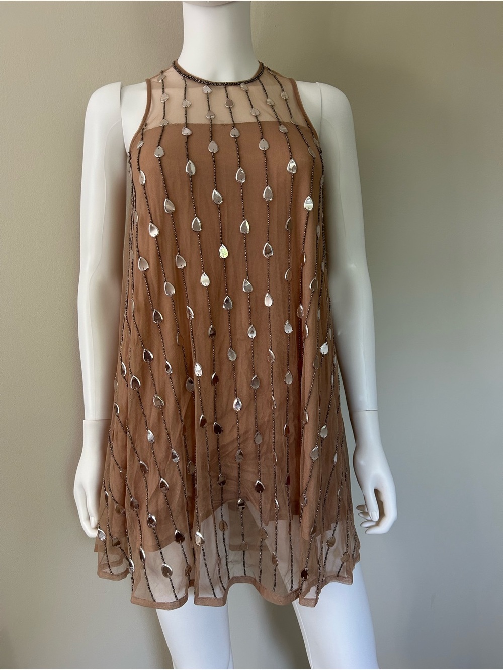Raga Tan Mesh Sheer Beaded Shift Mini Dress XS High Neck Sleeveless Back Zip